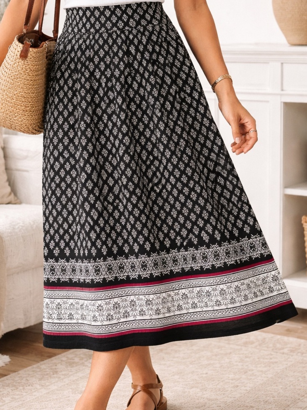 Liz Claiborne Cottagecore Boho Midi Skirt Black Floral Border Romantic Stretch S